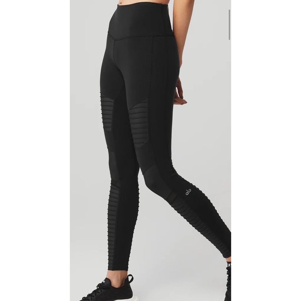 Alo Yoga High Waist Moto Performance Mesh Vegan Leather Legging Black L